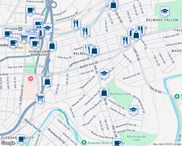 map of restaurants, bars, coffee shops, grocery stores, and more near 814 Elm Avenue Southeast in Roanoke