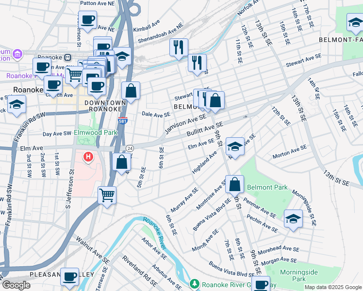 map of restaurants, bars, coffee shops, grocery stores, and more near 615 Virginia 24 in Roanoke