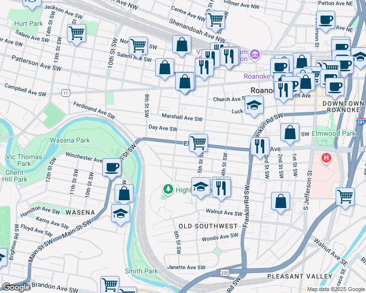 map of restaurants, bars, coffee shops, grocery stores, and more near 536 Elm Ave SW in Roanoke