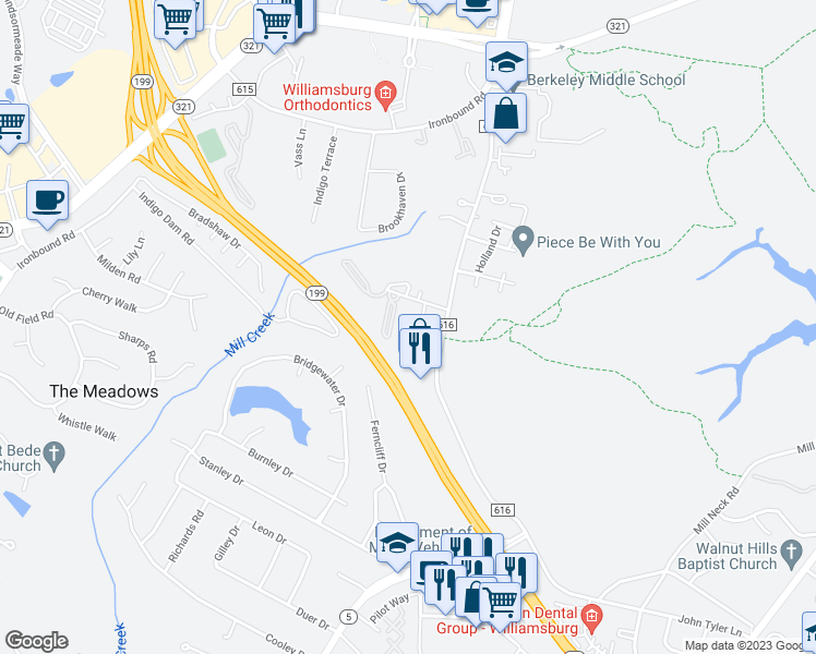 map of restaurants, bars, coffee shops, grocery stores, and more near 3848 Staffordshire Lane in Williamsburg
