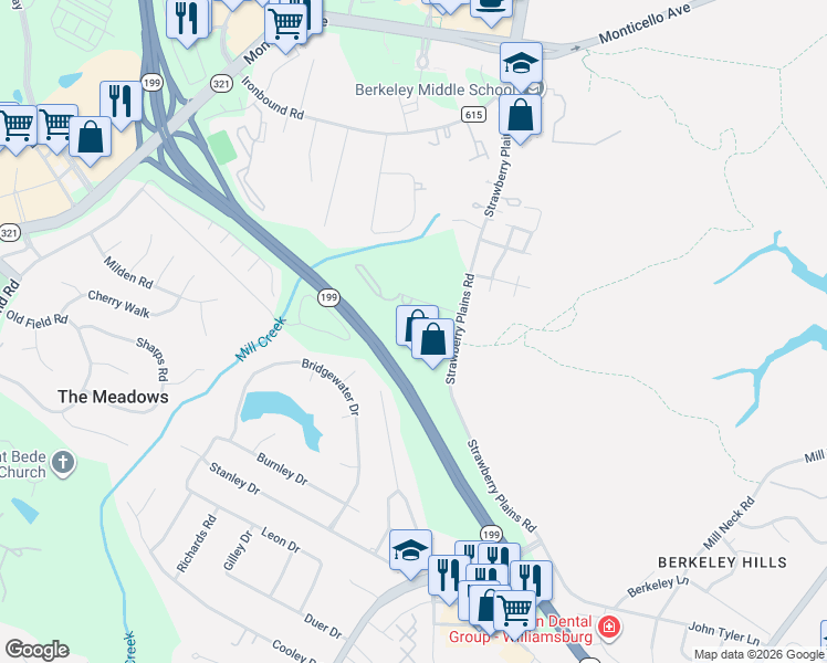 map of restaurants, bars, coffee shops, grocery stores, and more near 3821 Staffordshire Lane in Williamsburg