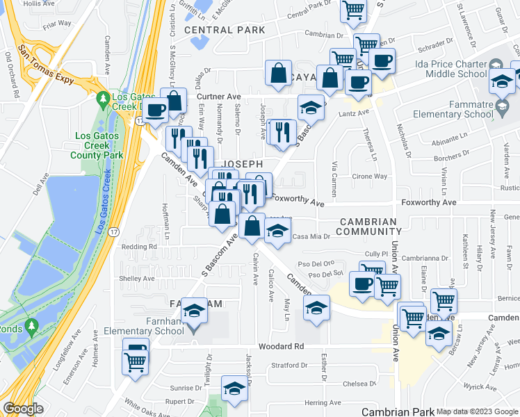 map of restaurants, bars, coffee shops, grocery stores, and more near 3090 South Bascom Avenue in San Jose
