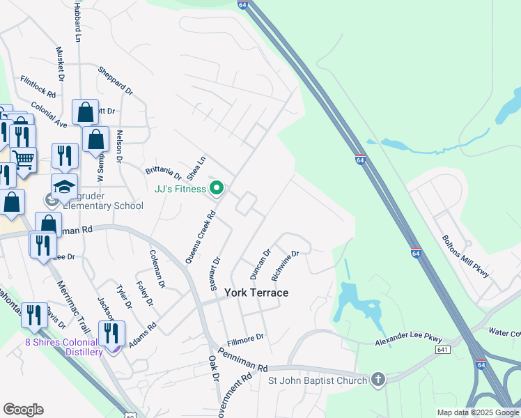 map of restaurants, bars, coffee shops, grocery stores, and more near 503 Maynor Drive in Williamsburg
