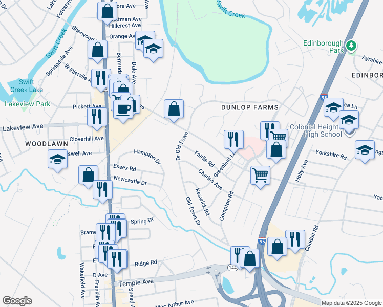 map of restaurants, bars, coffee shops, grocery stores, and more near 609 Fairlie Road in Colonial Heights