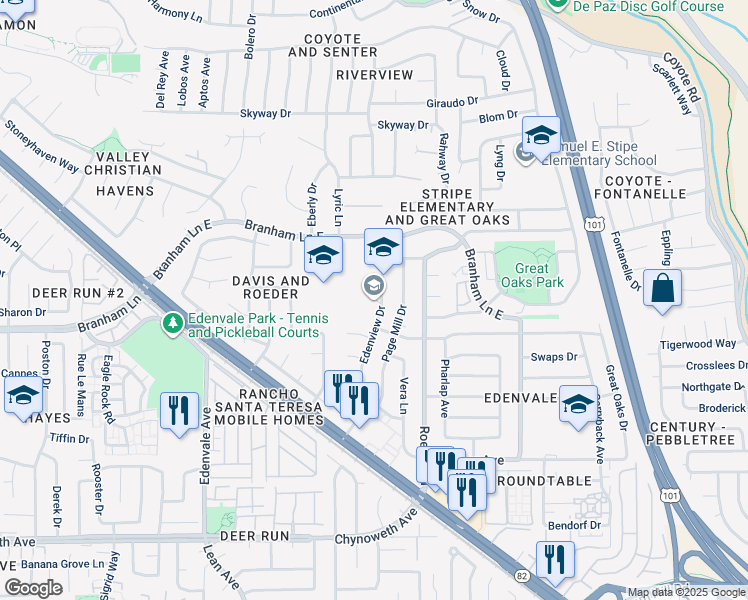 map of restaurants, bars, coffee shops, grocery stores, and more near 5035 Edenview Drive in San Jose
