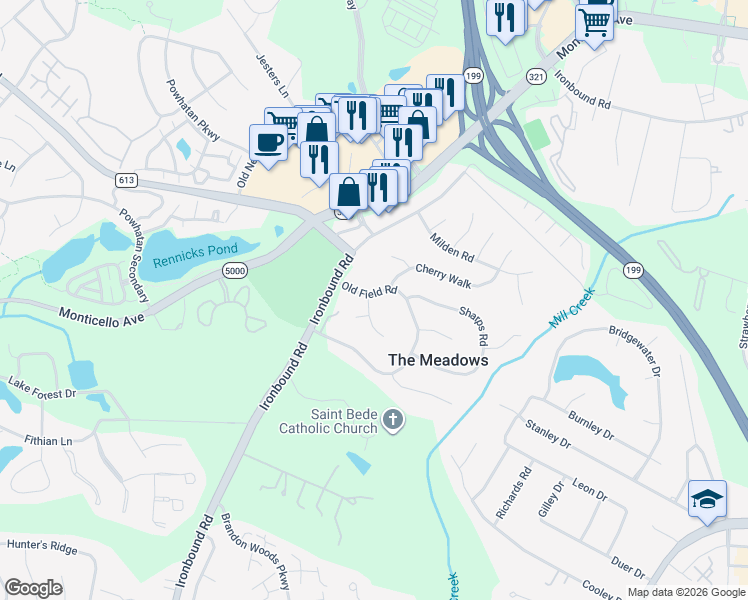 map of restaurants, bars, coffee shops, grocery stores, and more near 117-119 Old Field Road in Williamsburg