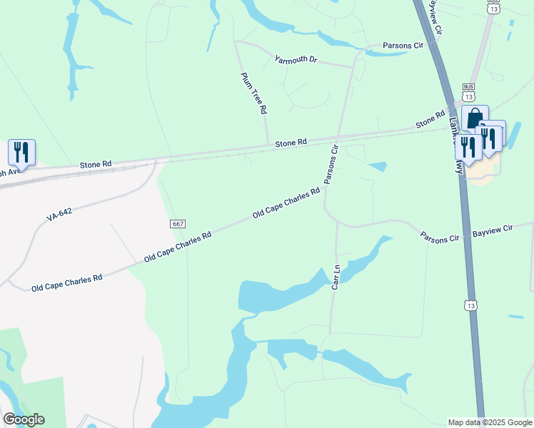 map of restaurants, bars, coffee shops, grocery stores, and more near 5259 Ramshorn Road in Cape Charles