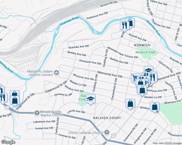 map of restaurants, bars, coffee shops, grocery stores, and more near 2322 Memorial Avenue Southwest in Roanoke
