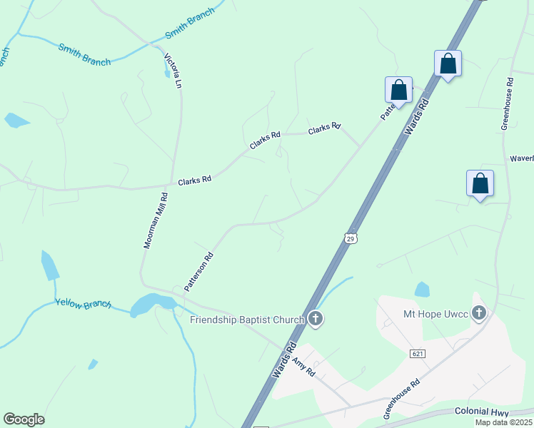 map of restaurants, bars, coffee shops, grocery stores, and more near 739 Patterson Road in Rustburg