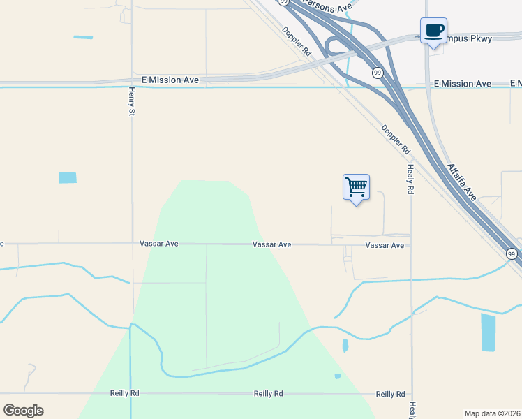 map of restaurants, bars, coffee shops, grocery stores, and more near 0 Vassar Avenue in Merced