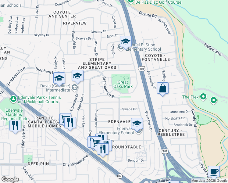 map of restaurants, bars, coffee shops, grocery stores, and more near 5248 Snow Drive in San Jose