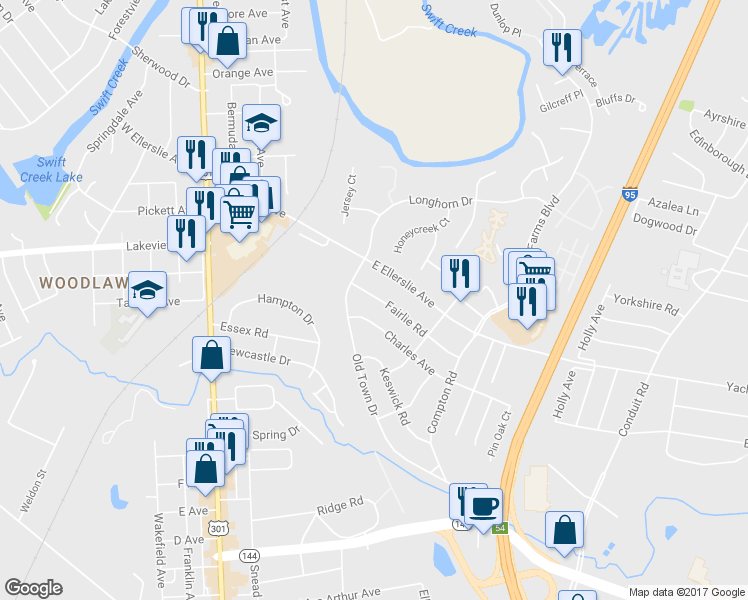 map of restaurants, bars, coffee shops, grocery stores, and more near 609 Fairlie Road in Colonial Heights