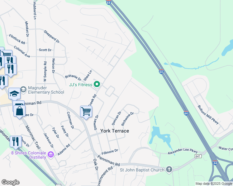 map of restaurants, bars, coffee shops, grocery stores, and more near 503 Maynor Drive in Williamsburg