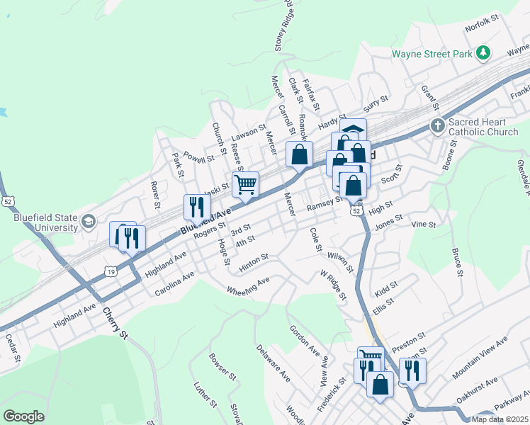 map of restaurants, bars, coffee shops, grocery stores, and more near 166-264 Rogers St in Bluefield