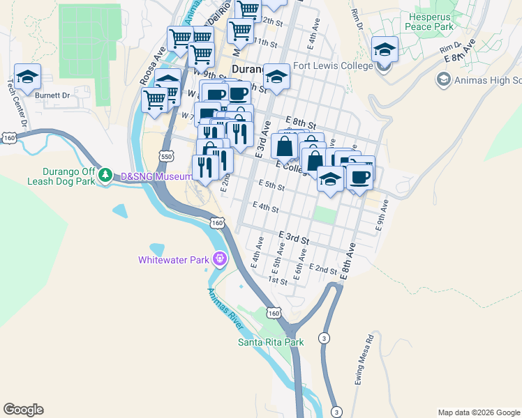 map of restaurants, bars, coffee shops, grocery stores, and more near 429 East 4th Avenue in Durango