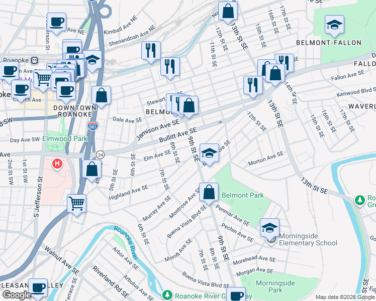 map of restaurants, bars, coffee shops, grocery stores, and more near 814 Elm Avenue Southeast in Roanoke