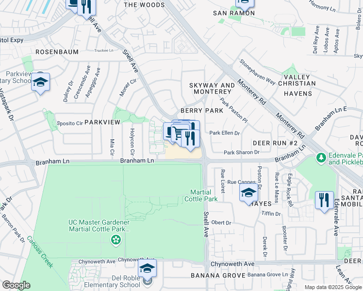 map of restaurants, bars, coffee shops, grocery stores, and more near New Street in San Jose