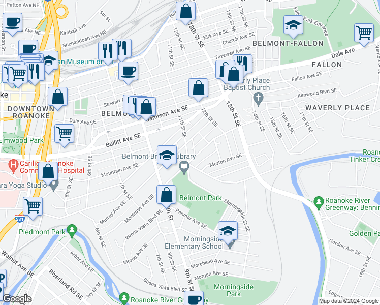 map of restaurants, bars, coffee shops, grocery stores, and more near 1020 11th Street Southeast in Roanoke