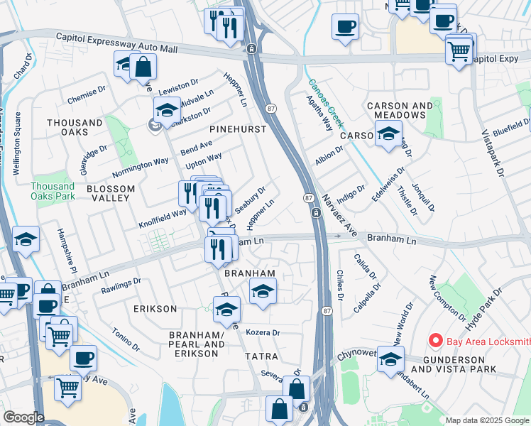 map of restaurants, bars, coffee shops, grocery stores, and more near 830 Seabury Drive in San Jose
