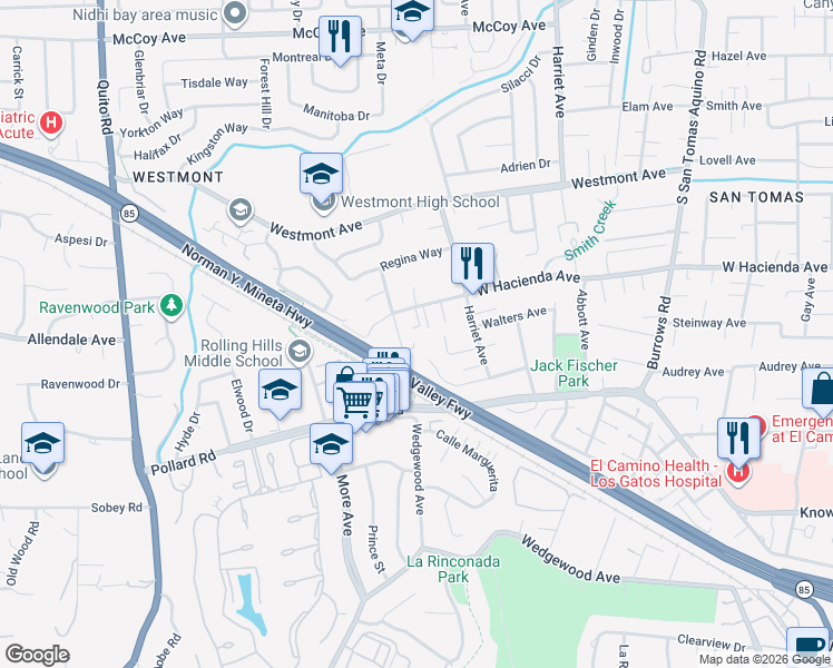 map of restaurants, bars, coffee shops, grocery stores, and more near 1304 Bronwen Way in Campbell