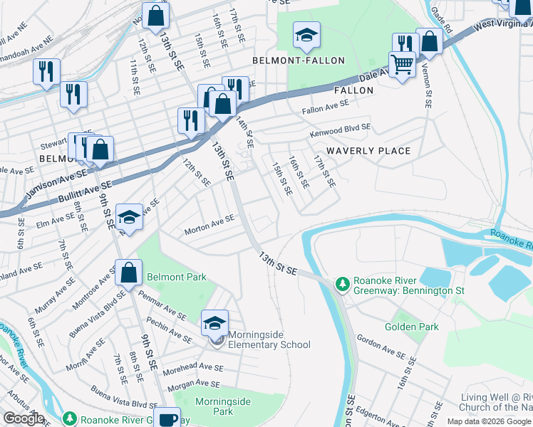 map of restaurants, bars, coffee shops, grocery stores, and more near 13th Street in Roanoke