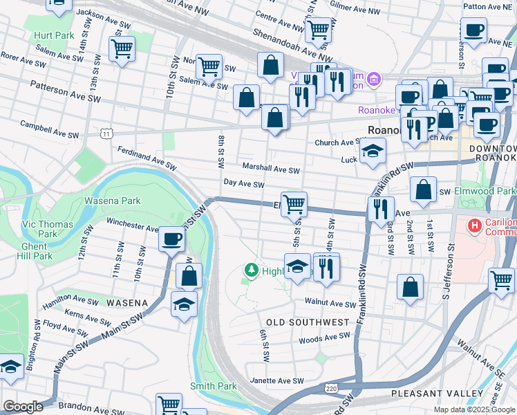 map of restaurants, bars, coffee shops, grocery stores, and more near 603 Elm Avenue in Roanoke