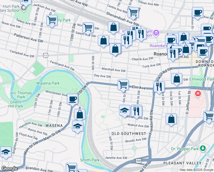 map of restaurants, bars, coffee shops, grocery stores, and more near 601 Elm Avenue in Roanoke