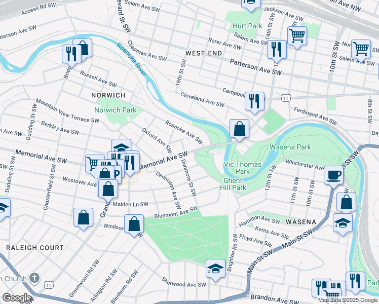 map of restaurants, bars, coffee shops, grocery stores, and more near 1515 Memorial Avenue Southwest in Roanoke