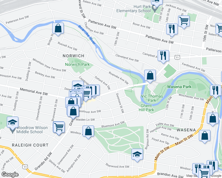 map of restaurants, bars, coffee shops, grocery stores, and more near 1717 Oxford Avenue Southwest in Roanoke
