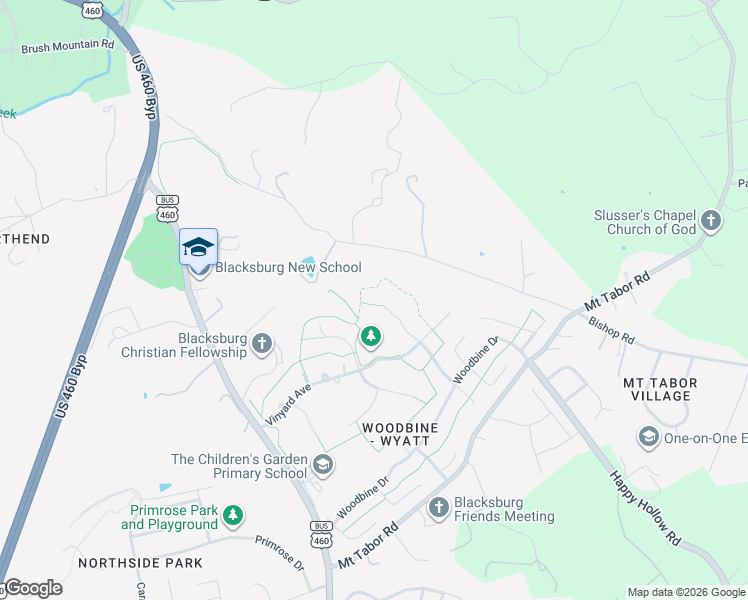 map of restaurants, bars, coffee shops, grocery stores, and more near 2229 Birchleaf Lane in Blacksburg