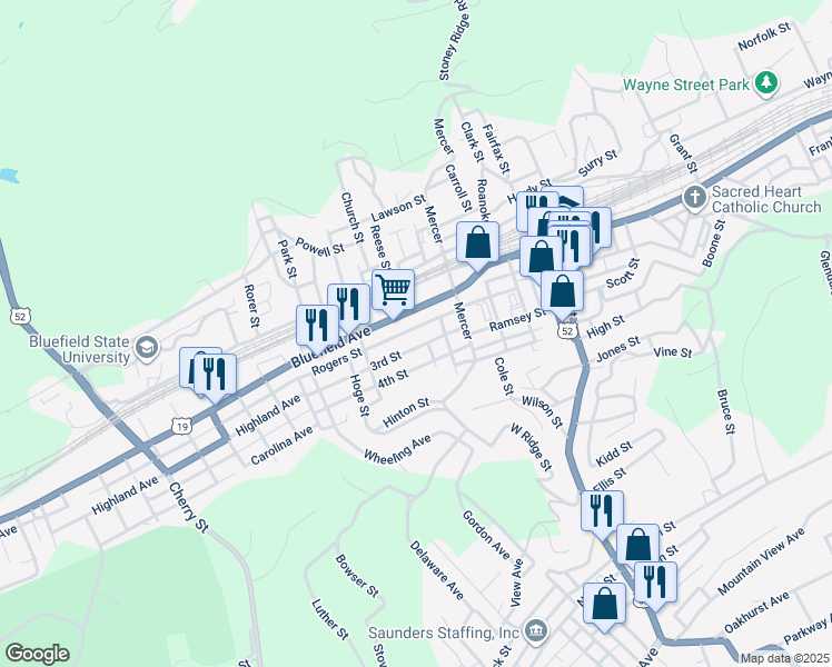 map of restaurants, bars, coffee shops, grocery stores, and more near 166-264 Rogers St in Bluefield