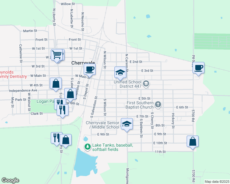 map of restaurants, bars, coffee shops, grocery stores, and more near 300-398 E 4th St in Cherryvale