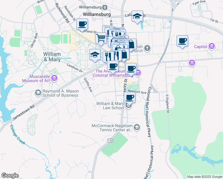 map of restaurants, bars, coffee shops, grocery stores, and more near 315 South Boundary Street in Williamsburg