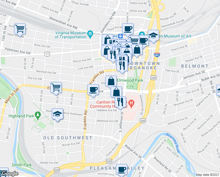 map of restaurants, bars, coffee shops, grocery stores, and more near 109 Elm Avenue Southwest in Roanoke