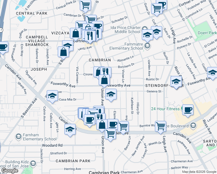 map of restaurants, bars, coffee shops, grocery stores, and more near 1980 Foxworthy Avenue in San Jose