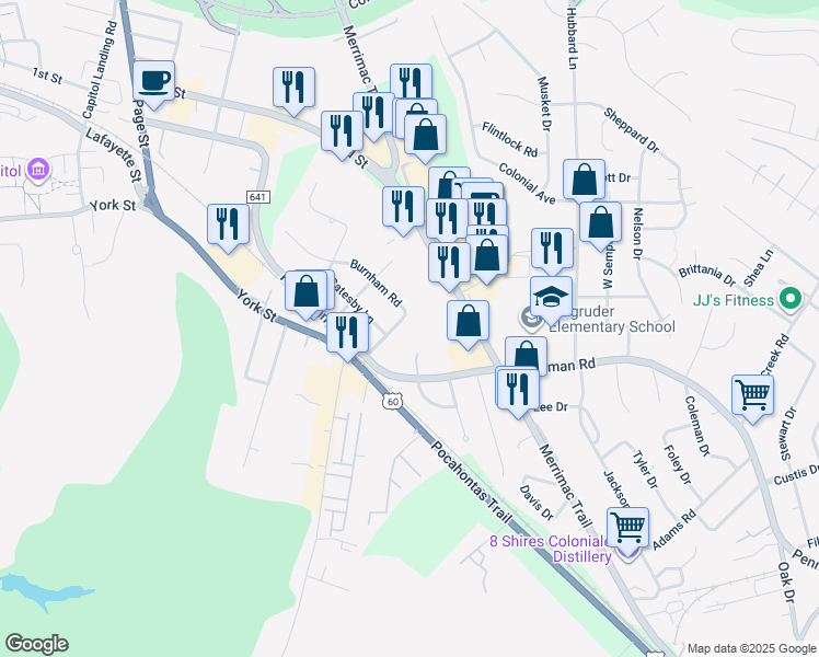 map of restaurants, bars, coffee shops, grocery stores, and more near 688 Winthrop Road in Williamsburg