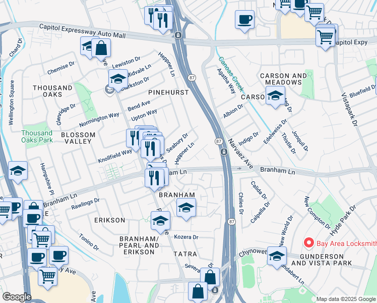 map of restaurants, bars, coffee shops, grocery stores, and more near 830 Seabury Drive in San Jose