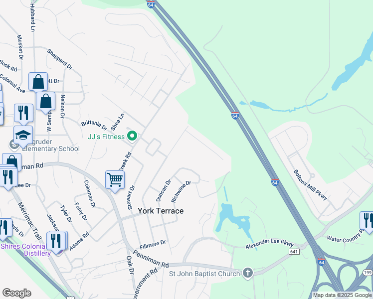 map of restaurants, bars, coffee shops, grocery stores, and more near 106 Panther Paw Path in Williamsburg