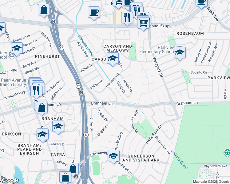 map of restaurants, bars, coffee shops, grocery stores, and more near 4490 Crocus Drive in San Jose