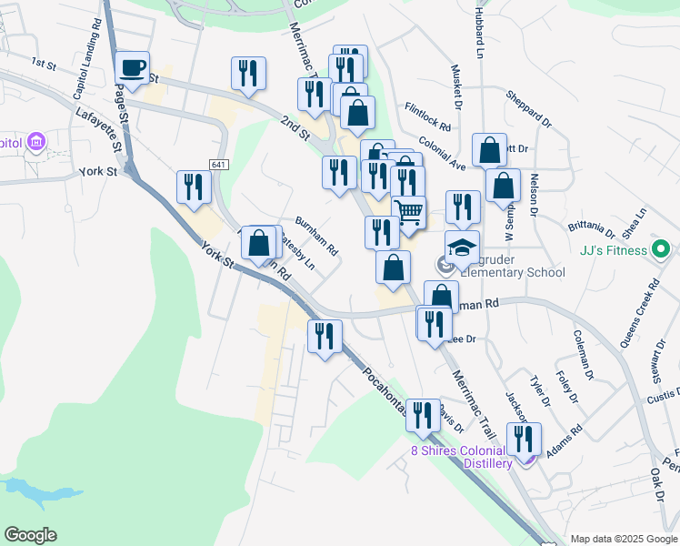 map of restaurants, bars, coffee shops, grocery stores, and more near 688 Winthrop Road in Williamsburg