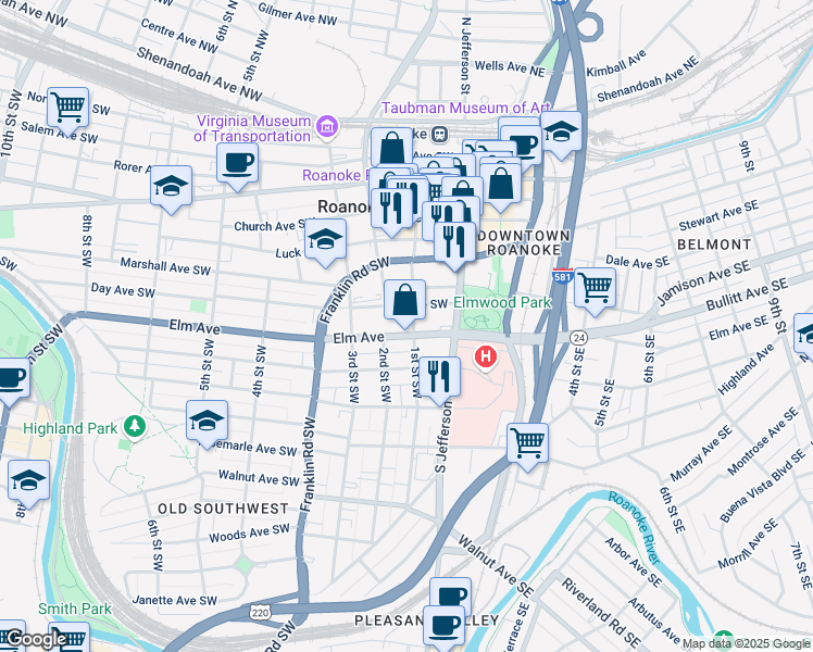 map of restaurants, bars, coffee shops, grocery stores, and more near 715 1st Street Southwest in Roanoke