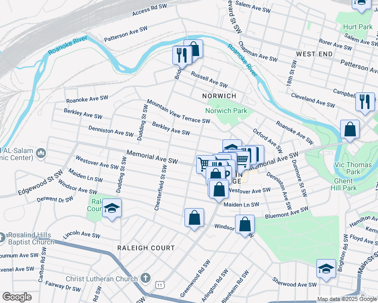 map of restaurants, bars, coffee shops, grocery stores, and more near 2112 Denniston Avenue Southwest in Roanoke