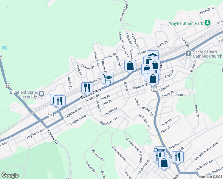 map of restaurants, bars, coffee shops, grocery stores, and more near 264 Rogers St in Bluefield