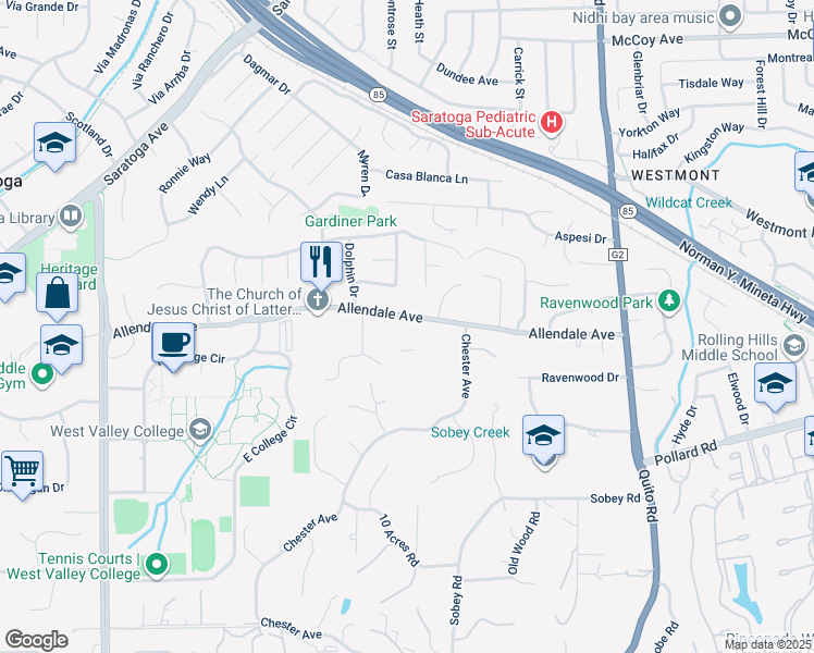 map of restaurants, bars, coffee shops, grocery stores, and more near 18870 Allendale Avenue in Saratoga