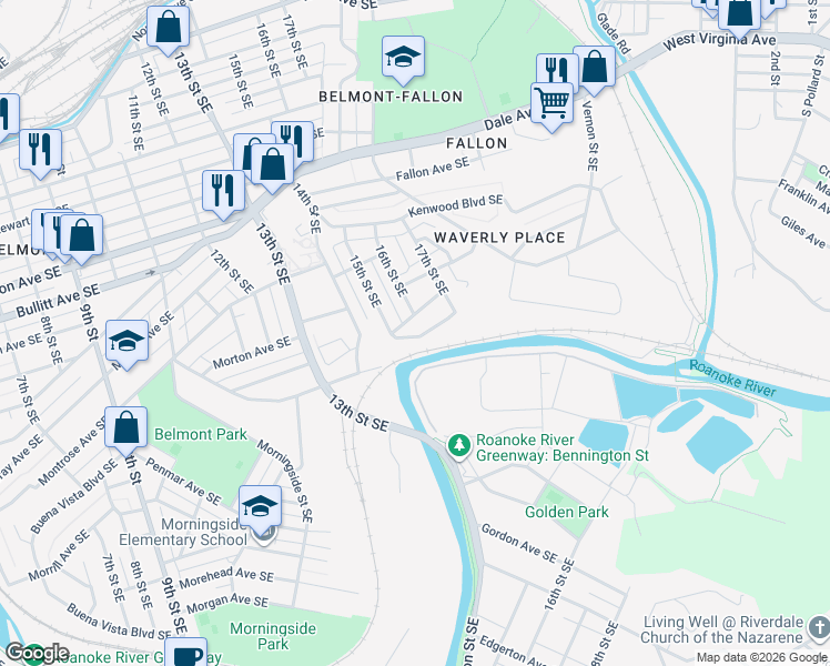 map of restaurants, bars, coffee shops, grocery stores, and more near 1519 Gladstone Avenue Southeast in Roanoke
