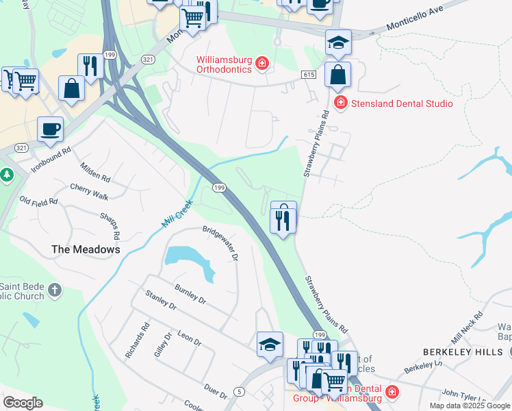 map of restaurants, bars, coffee shops, grocery stores, and more near 3857 Staffordshire Lane in Williamsburg