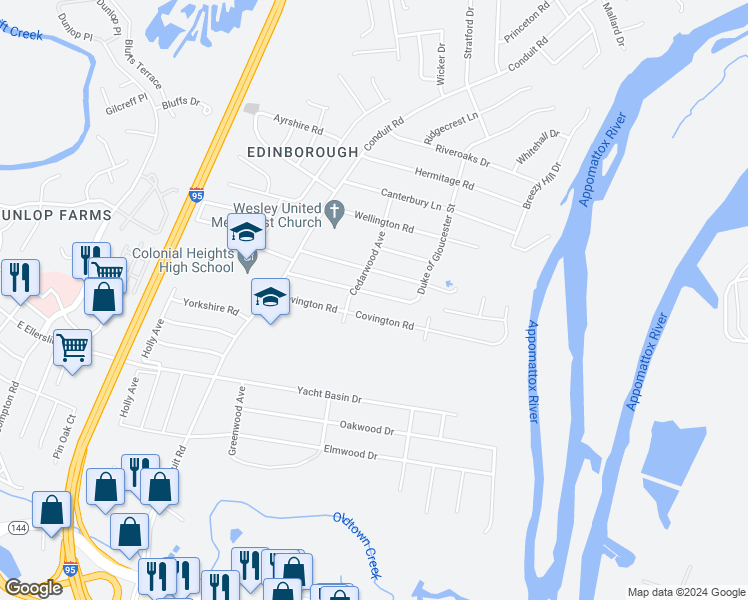 map of restaurants, bars, coffee shops, grocery stores, and more near 1205 Duke of Gloucester Street in Colonial Heights