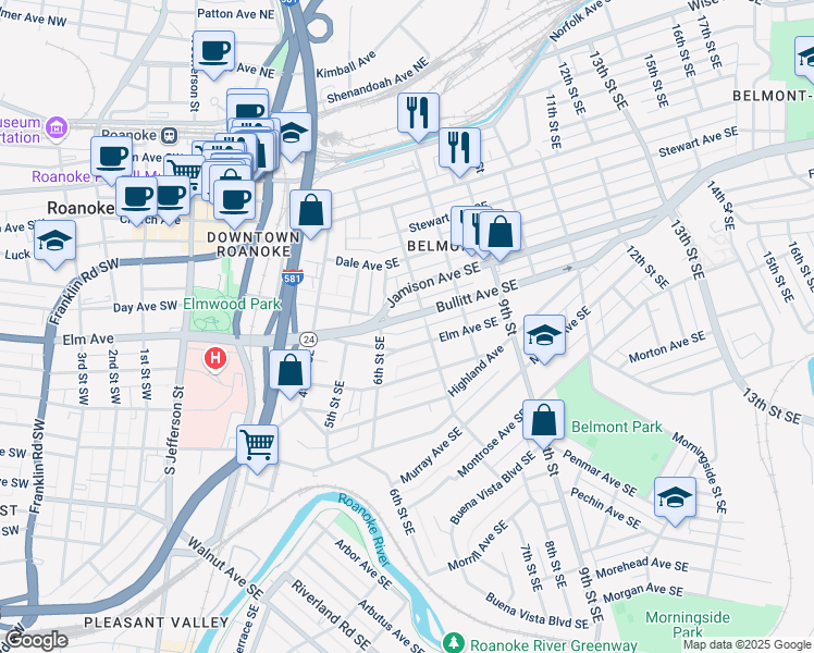 map of restaurants, bars, coffee shops, grocery stores, and more near 615 Virginia 24 in Roanoke