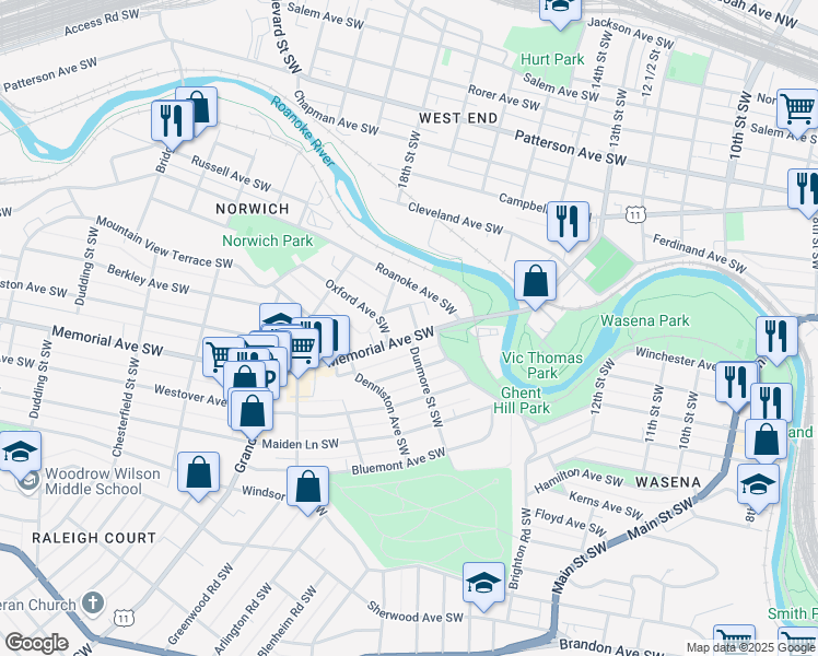 map of restaurants, bars, coffee shops, grocery stores, and more near 1515 Memorial Avenue Southwest in Roanoke
