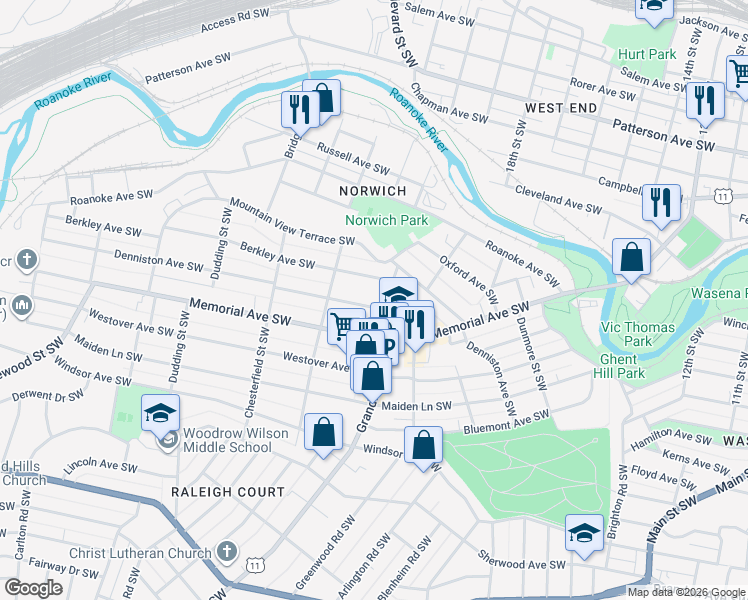 map of restaurants, bars, coffee shops, grocery stores, and more near 2002 Berkley Avenue Southwest in Roanoke